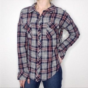 Miss Me Plaid Boho Contrast Panel Button Up Shirt